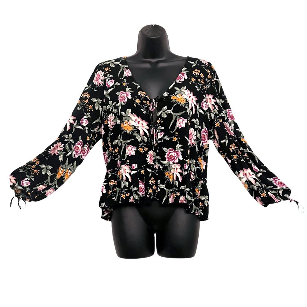 Floral Long Sleeve Top/Blouse Oversized V-Neck Tie Front Flutter Hem